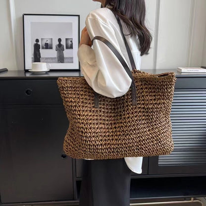 Coffee Straw Woven Crossbody Tote