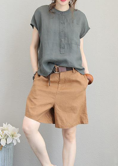 Round Neck Linen Top Women's Shirt Low High Design Loose Fit