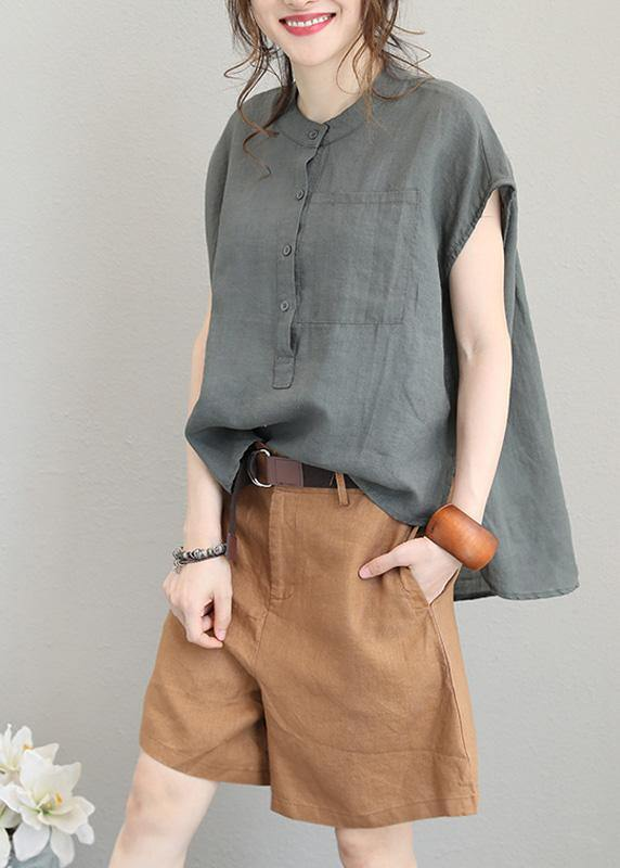 Round Neck Linen Top Women's Shirt Low High Design Loose Fit