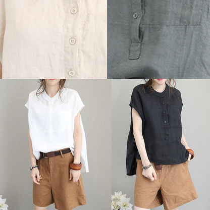 Round Neck Linen Top Women's Shirt Low High Design Loose Fit