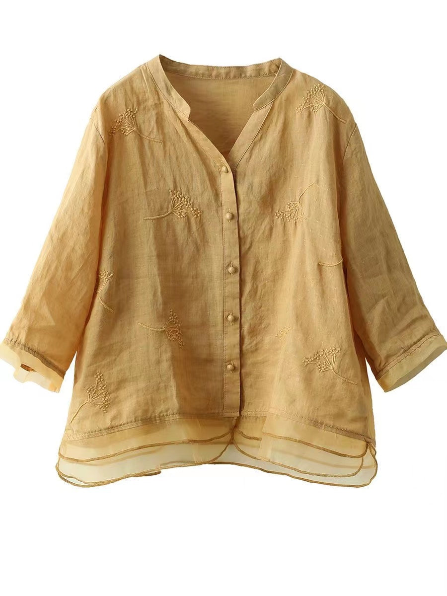 Casual V-Neck Embroidered Ramie Shirt Half Sleeve