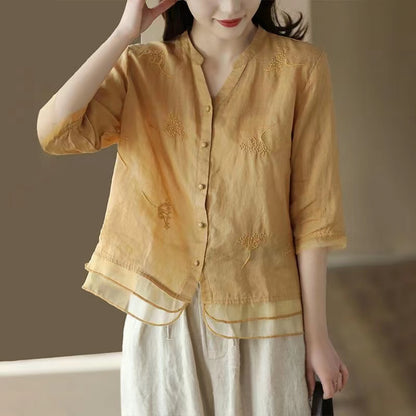 Casual V-Neck Embroidered Ramie Shirt Half Sleeve