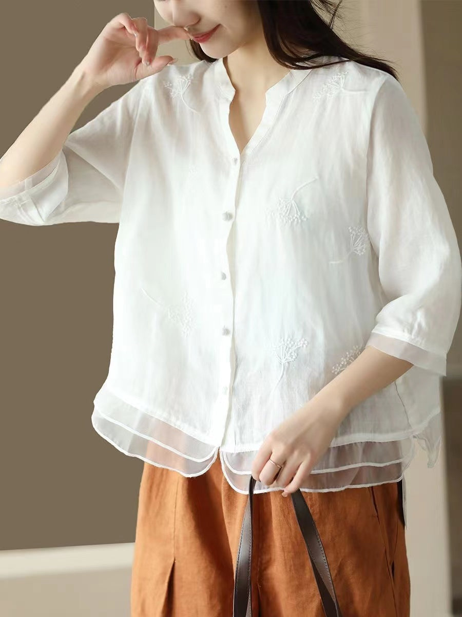 Casual V-Neck Embroidered Ramie Shirt Half Sleeve