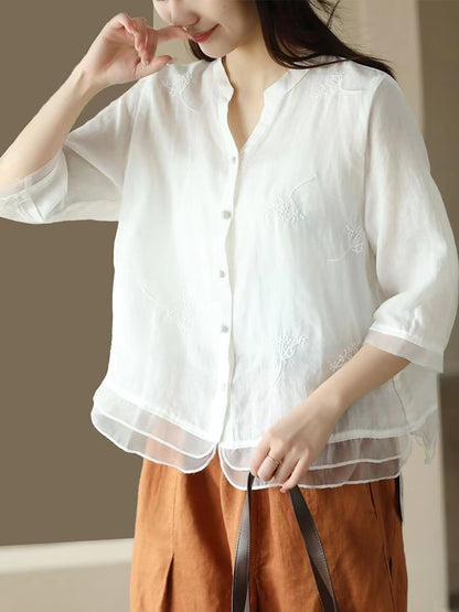 Casual V-Neck Embroidered Ramie Shirt Half Sleeve