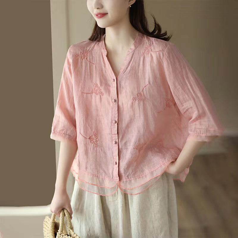 Casual V-Neck Embroidered Ramie Shirt Half Sleeve