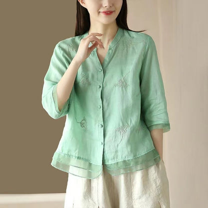 Casual V-Neck Embroidered Ramie Shirt Half Sleeve