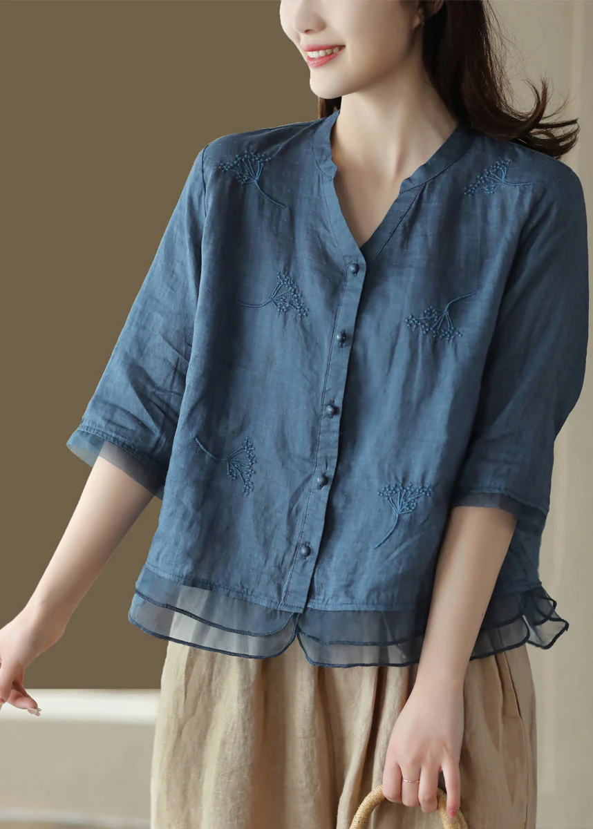 Casual V-Neck Embroidered Ramie Shirt Half Sleeve