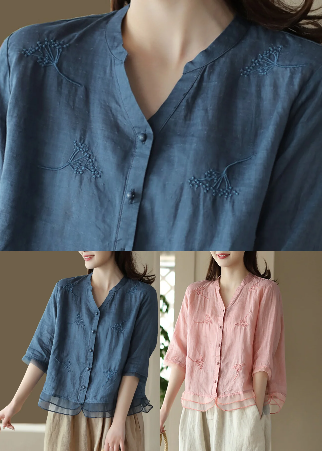 Casual V-Neck Embroidered Ramie Shirt Half Sleeve