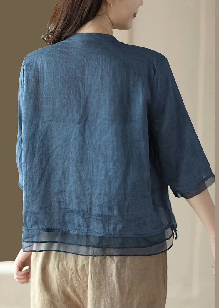 Casual V-Neck Embroidered Ramie Shirt Half Sleeve