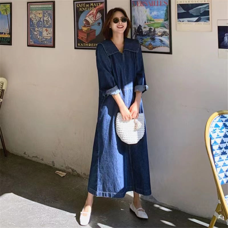 Loose Denim Lapel Casual Dress Long Sleeve