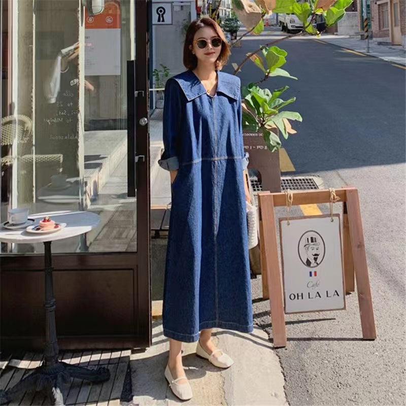 Loose Denim Lapel Casual Dress Long Sleeve