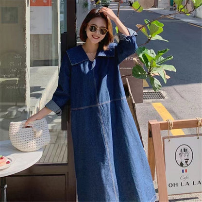 Loose Denim Lapel Casual Dress Long Sleeve