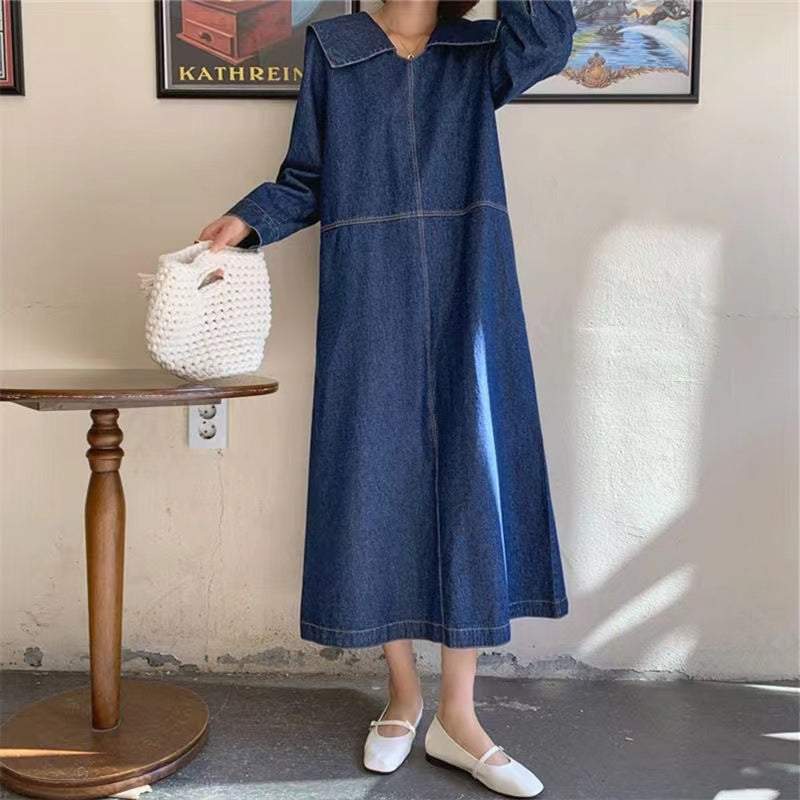 Loose Denim Lapel Casual Dress Long Sleeve