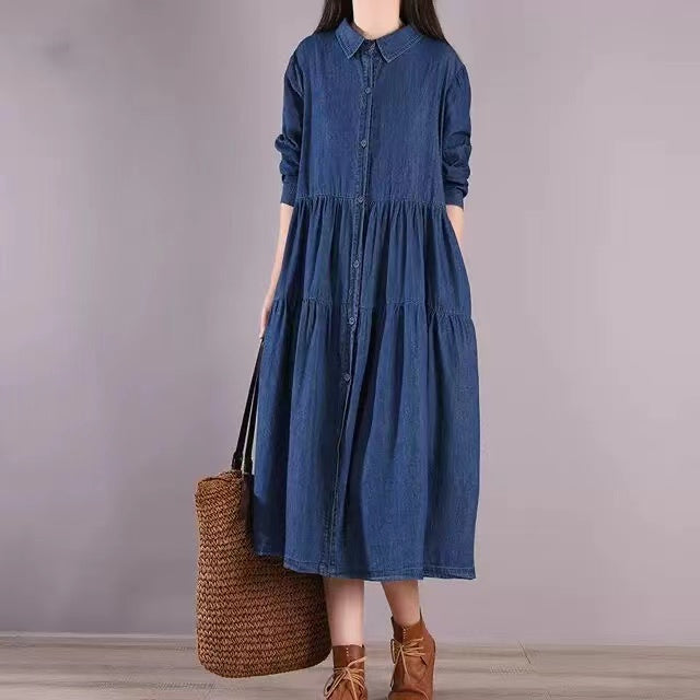 Loose Long Sleeve Shirt Patchwork Denim Dress