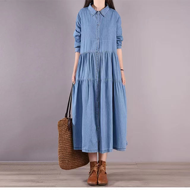 Loose Long Sleeve Shirt Patchwork Denim Dress