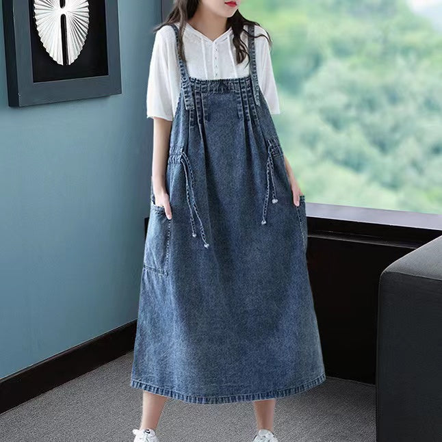 Plus Size Blue Drawstring Pocket Halter Denim Dress