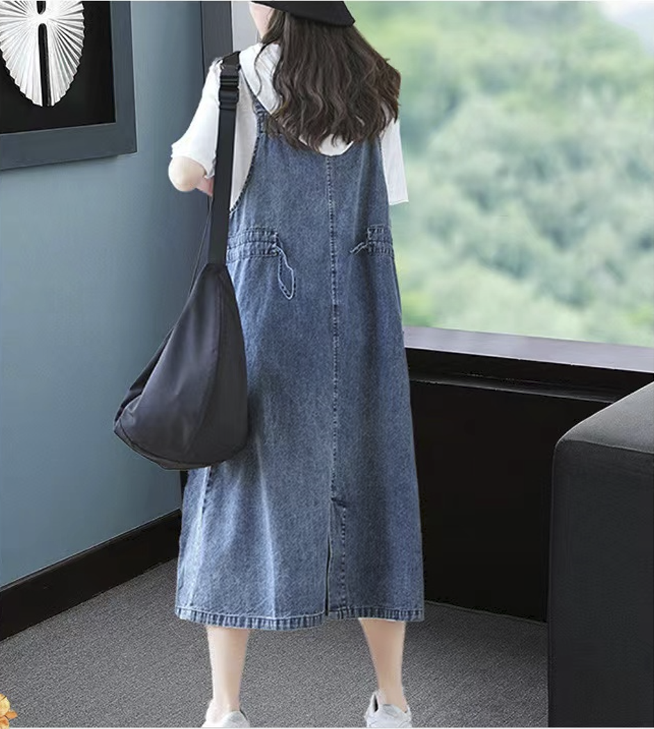 Plus Size Blue Drawstring Pocket Halter Denim Dress