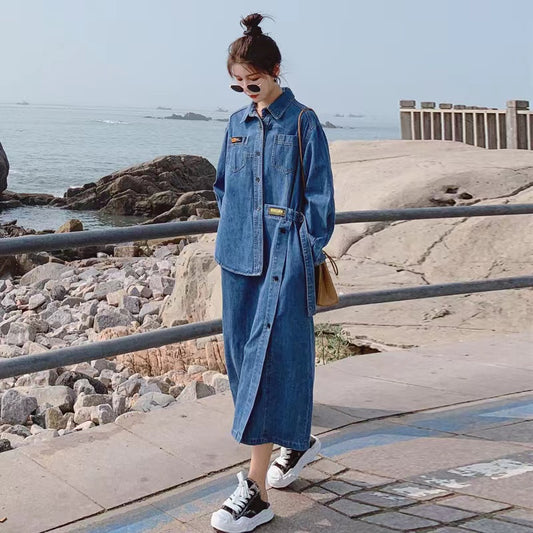 Loose Blue Asymmetric Design Denim Long Sleeve Long Dresses