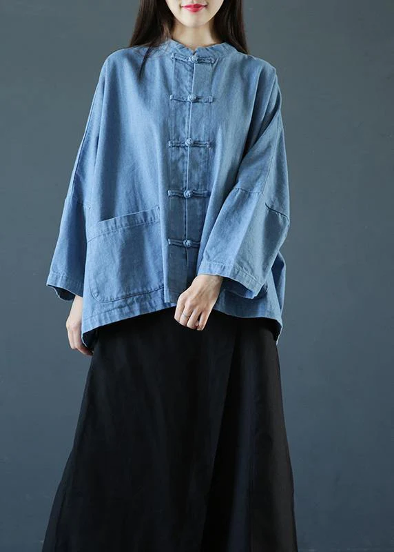 Chinese Button Down Dress Long Sleeve Denim Shirt