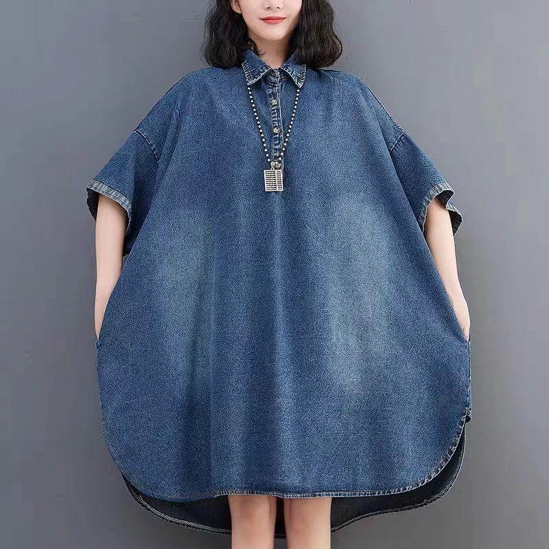 Loose Blue Button Down Short Sleeve Lapel Denim Dress