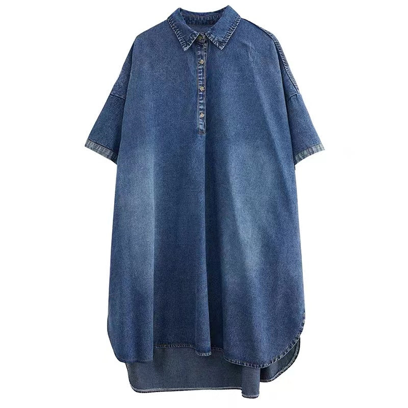 Loose Blue Button Down Short Sleeve Lapel Denim Dress