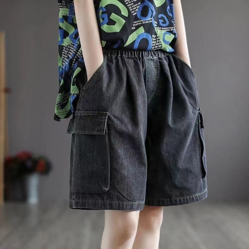 Loose Blue Stretch Waist Wide Leg Denim Shorts