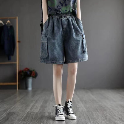 Loose Blue Stretch Waist Wide Leg Denim Shorts