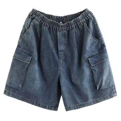 Loose Blue Stretch Waist Wide Leg Denim Shorts