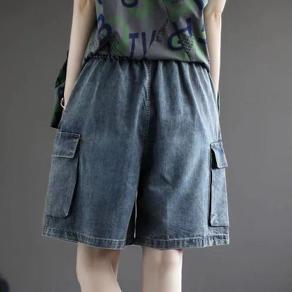 Loose Blue Stretch Waist Wide Leg Denim Shorts