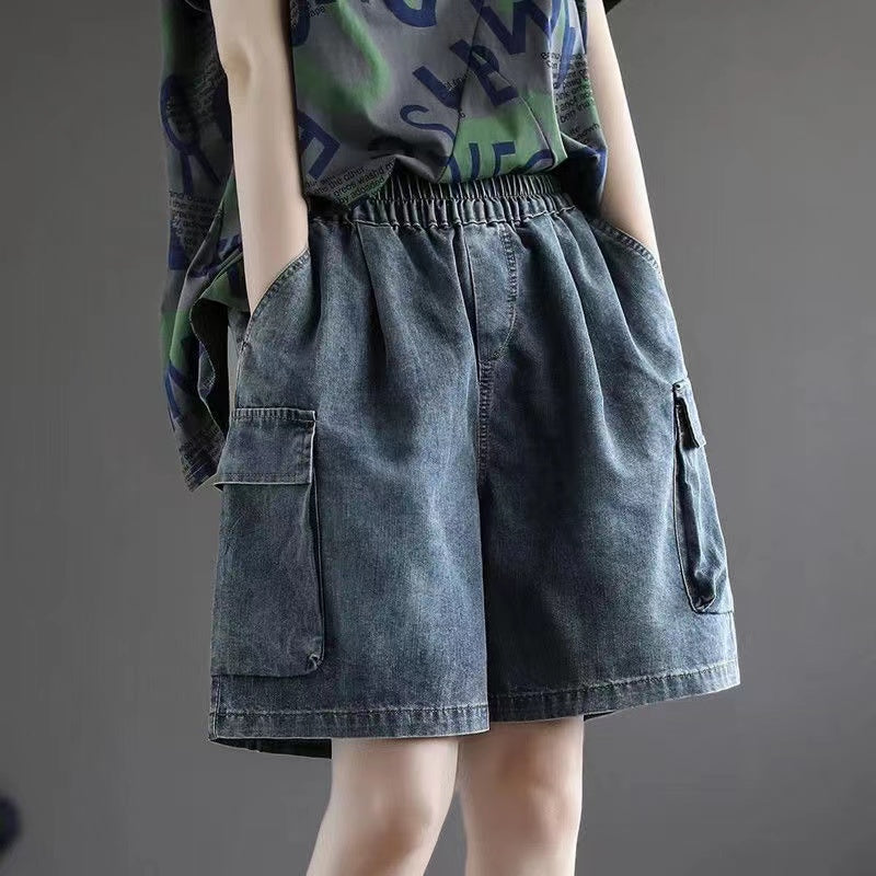 Loose Blue Stretch Waist Wide Leg Denim Shorts