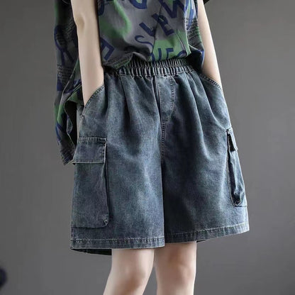 Loose Blue Stretch Waist Wide Leg Denim Shorts