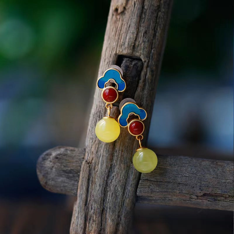 Vintage Yellow Sterling Silver with Amber Clouds Earrings