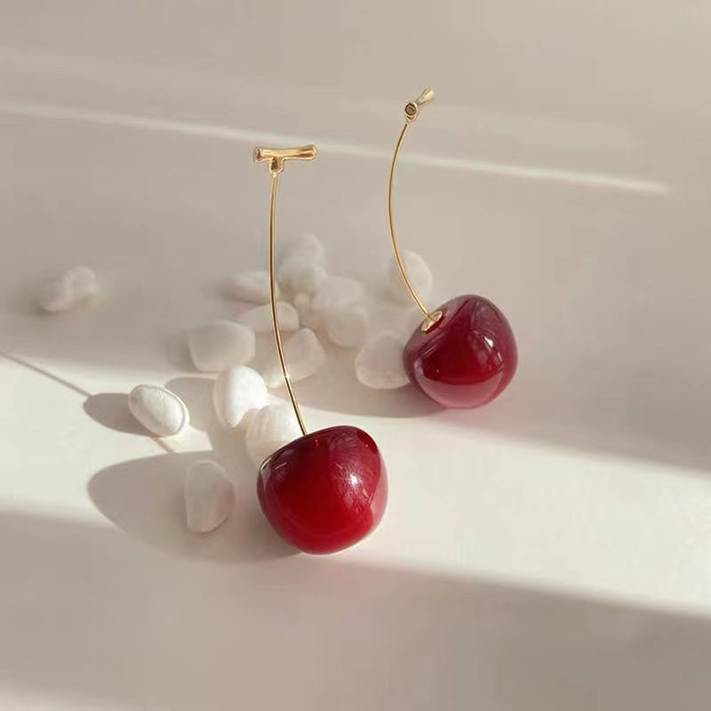 Premium Red Cherry Style Silver Tone Dangle Earrings