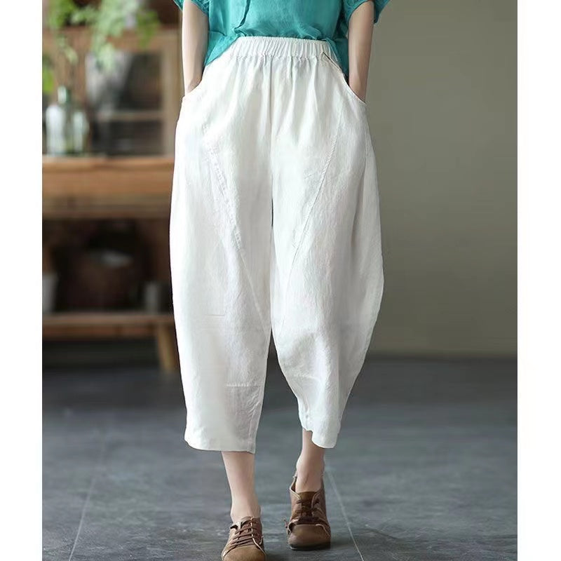 Loose Pocket Stretch Waist Linen Haren Pants