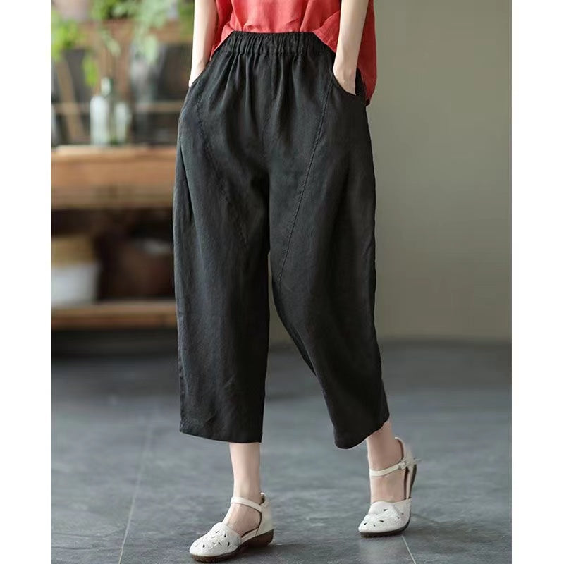 Loose Pocket Stretch Waist Linen Haren Pants