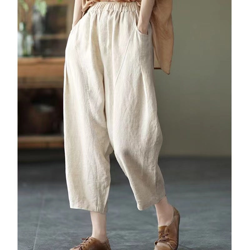 Loose Pocket Stretch Waist Linen Haren Pants