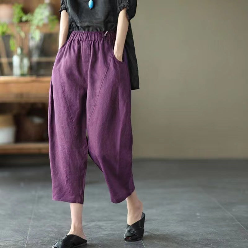 Loose Pocket Stretch Waist Linen Haren Pants