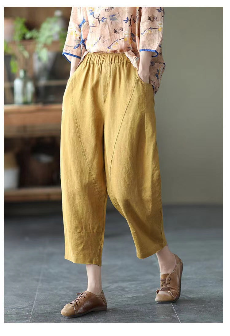 Loose Pocket Stretch Waist Linen Haren Pants