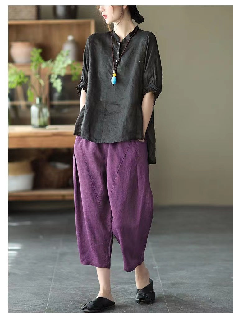 Loose Pocket Stretch Waist Linen Haren Pants