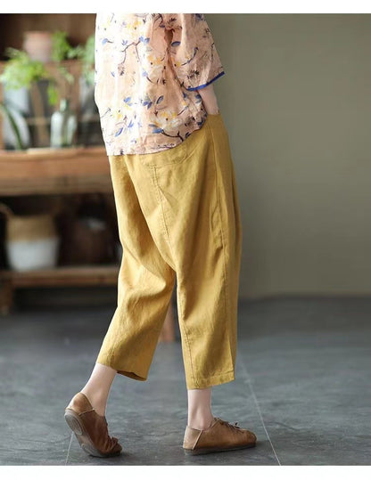 Loose Pocket Stretch Waist Linen Haren Pants