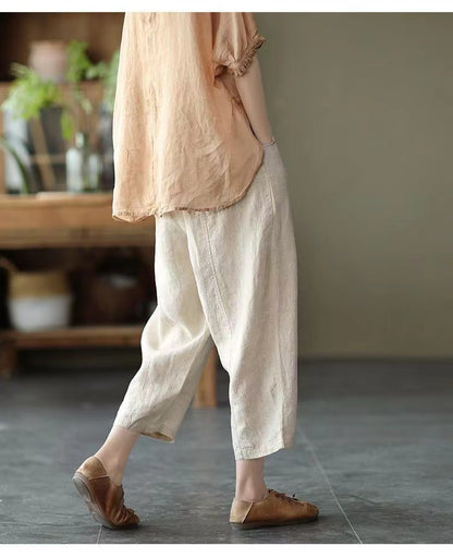 Loose Pocket Stretch Waist Linen Haren Pants