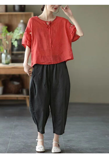 Loose Pocket Stretch Waist Linen Haren Pants