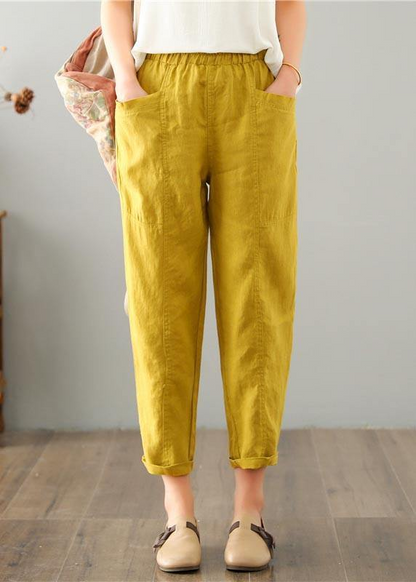 Yellow Pocket Cotton Patchwork Solid Color Pants