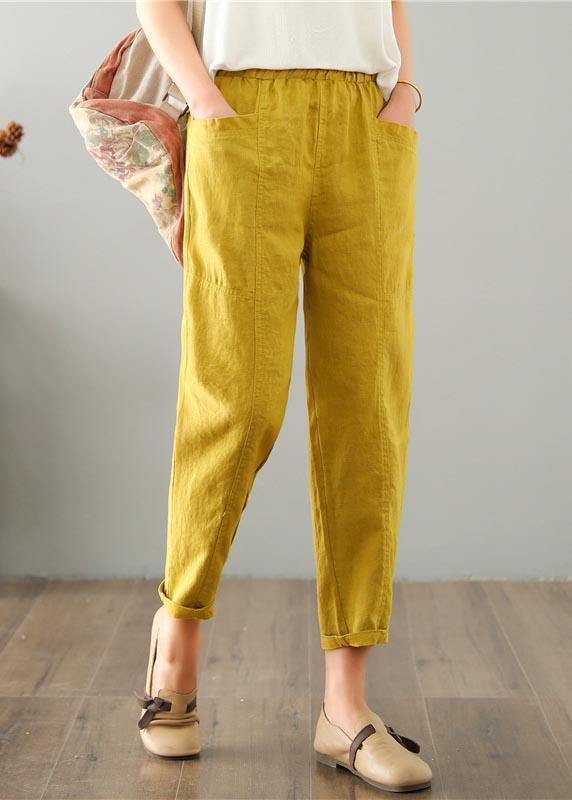 Yellow Pocket Cotton Patchwork Solid Color Pants