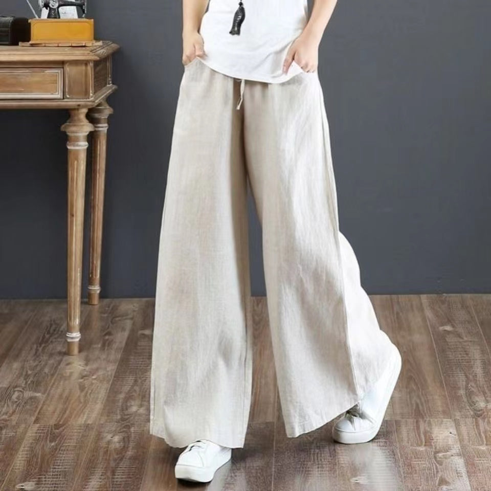 Stretch Waist Linen Straight Leg Pants Pocket Drawstring