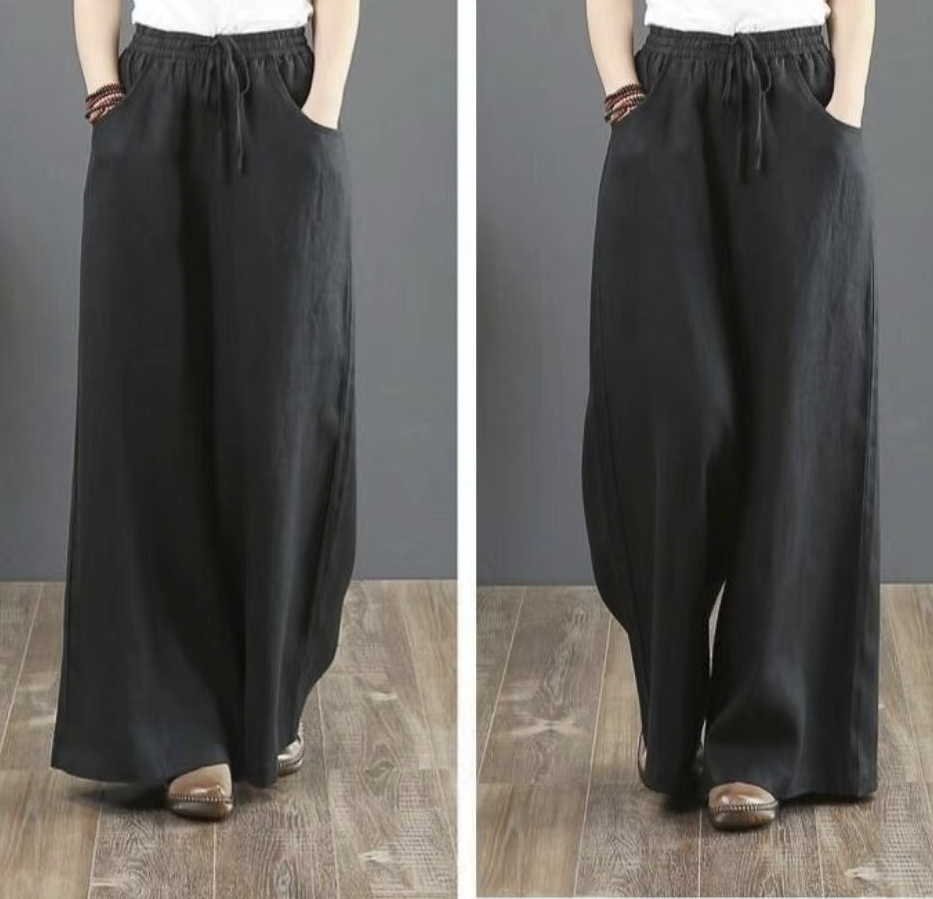 Stretch Waist Linen Straight Leg Pants Pocket Drawstring