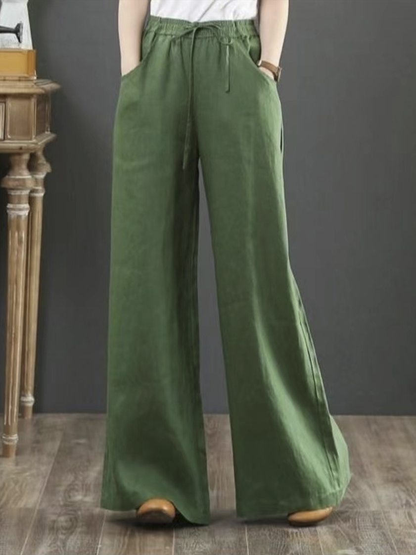 Stretch Waist Linen Straight Leg Pants Pocket Drawstring