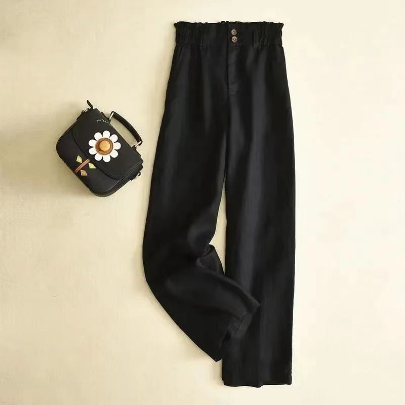 Elegant High Waist Button Stretch Straight Leg Pants