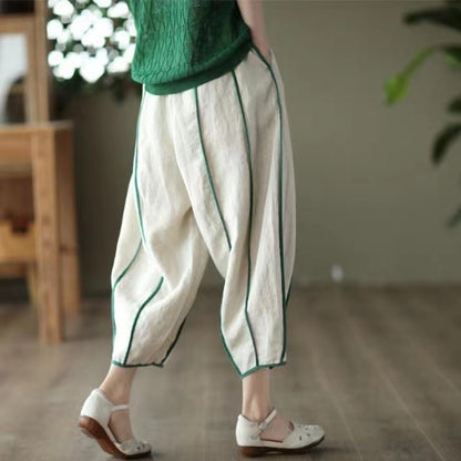 Patchwork Linen Harlequin Pants Pocket Stripe Clashing Pants