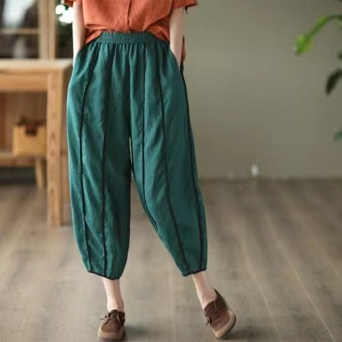 Patchwork Linen Harlequin Pants Pocket Stripe Clashing Pants